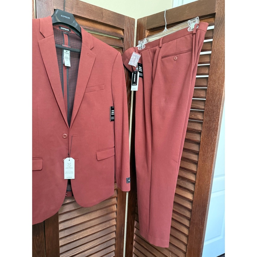 Express Mens 4-Way Hyper Stretch Slim Fit Suit Rust Red 40R Jacket 33x30 Pants - Picture 2 of 12